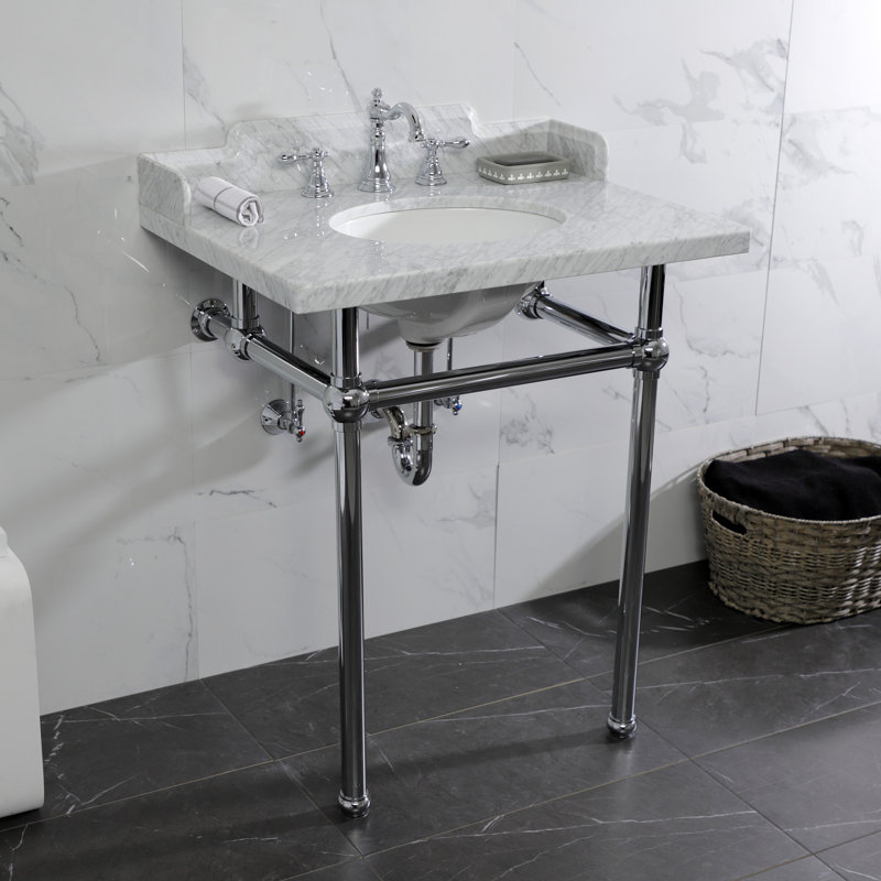 Kingston Brass Pemberton 30-Inch Carrara Marble Console Sink with Brass Legs (8-Inch, 3-Hole), Marble White/Polished Chrome