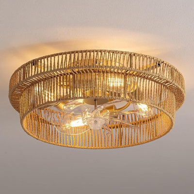Rattan Boho Ceiling Fan With Light Flush Mount, 20 Inch Caged Ce...