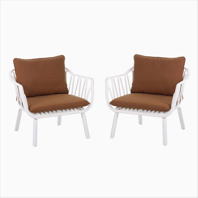 Fauteuil club d'extérieur PP, finition blanche avec coussin brun, ensemble de 2