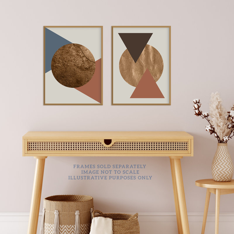 Copper Terracotta Blue Circle Triangles Boho Shapes Abstract Geometric - 2 Piece No Frame Print Set