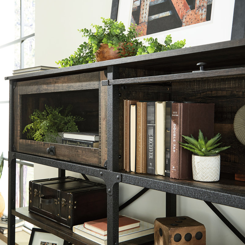 Bois d'ingénierie industriel brun pour le bureau, 3 tablettes horizontales réglables, portes en verre trempé encadrées, configuration ouverte à l'arrière, utilisation dans la conception du bureau, matériau, configuration des tablettes