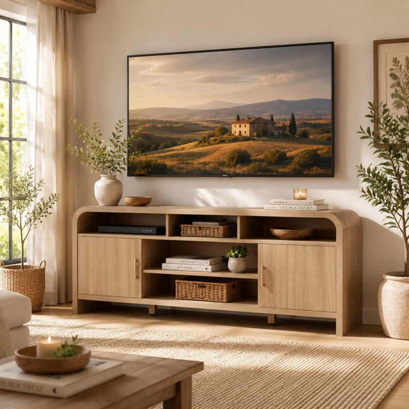 Elegant Curved TV Stand With Hidden Storage, Modern TV Console Media Console For Tvs Up To 65", Oak