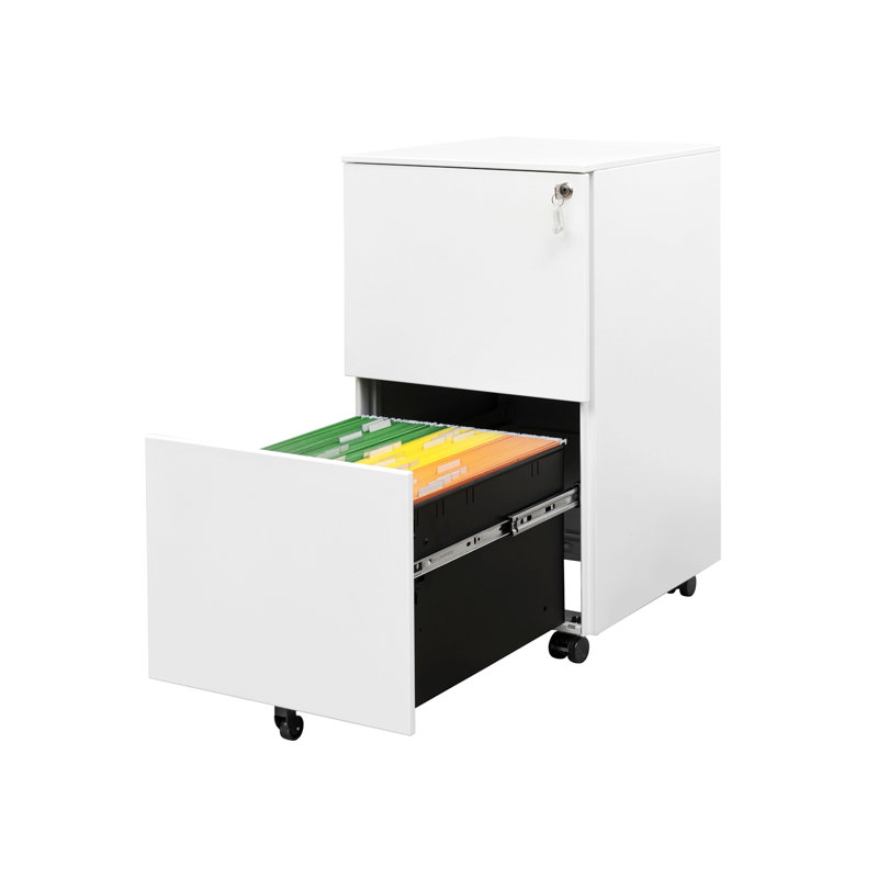 Classeur à 2 tiroirs avec serrure, classeur mobile en acier sur roulettes anti-basculement, Blanc