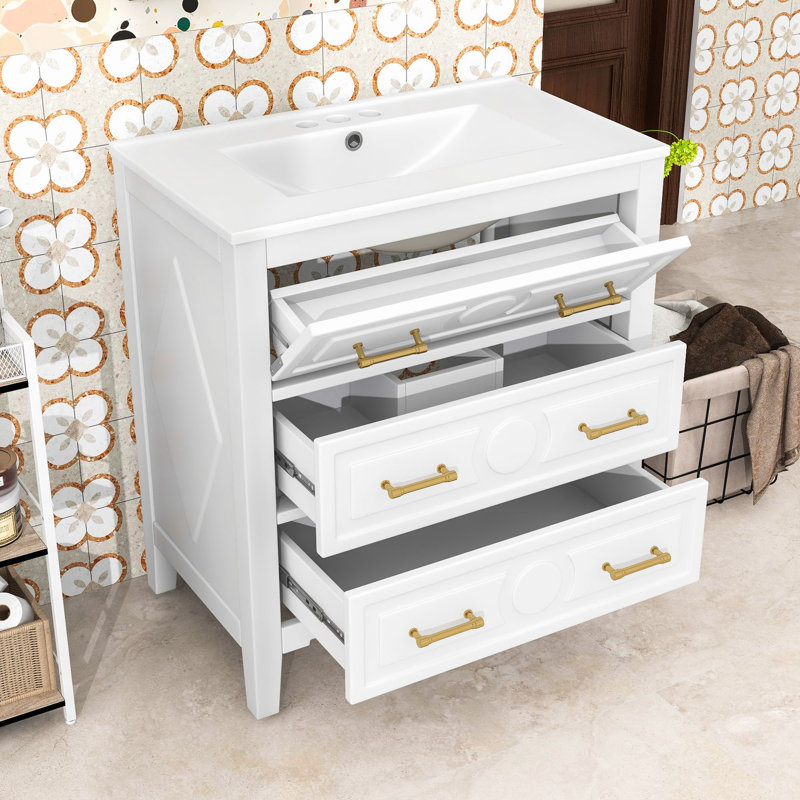 Meuble-lavabo autoportant avec tiroirs dissimulés, Blanc, Doré, 30"