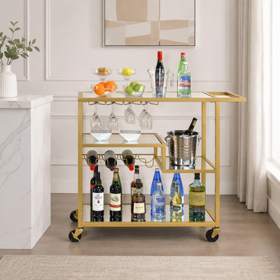 Chariot de service en miroir et champagne avec rangement et roulettes