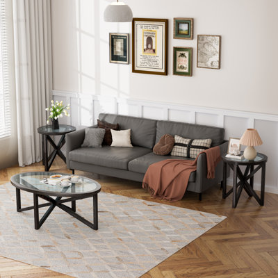 3 - Piece Glass Top Living Room Table Set, Solid Wood Frame.