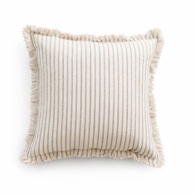 Khaki Striped Fringe Throw Pillow With Insert 18" X 18"
