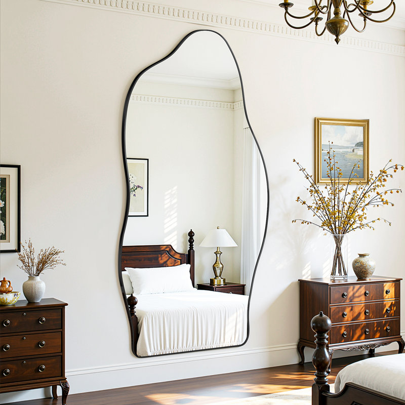 Full Length Mirror, Wavy Shaped Floor Mirror With Stand, Decorative Irregular Leaning Or Hanging Mirror For Bedroom, Living Room Entryway Decor