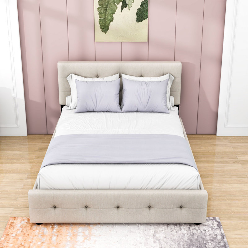 Filicity Queen Size Upholstered Platform Bed with 2 Drawers and Twin XL Trundle, Dark Beige