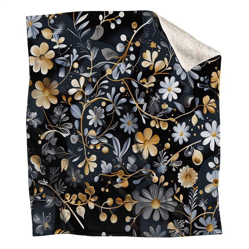 Gold Silver Floral Pattern Blankets, 50in W x 60in H