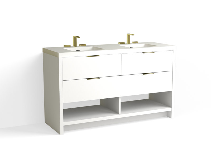 Vue 60" W Freestanding Double Bathroom Vanity, Matte White/8" Widespread, White Nanomatte, Satin Brass