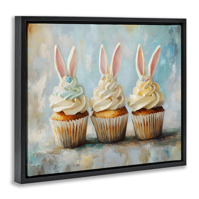 «Festive Bunny Ear Cupcakes Floater», art mural par Franklyn Gregory, Cadre flottant noir de jais, H 17 po x l 21 po