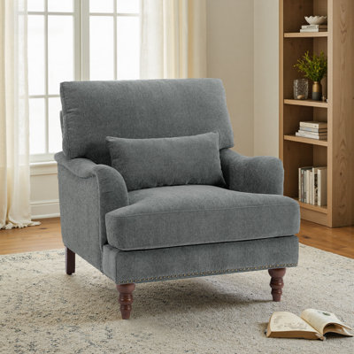 Upholstered Gray Nailhead Trim Accent Chair with Throw Pillow and Solid Wood Legs