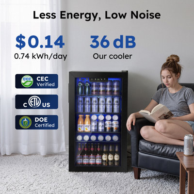 Simzlife 17.3'' W 130 Cans (12oz.) 3.3 Cubic Feet Freestanding Beverage Refrigerator with Glass Door