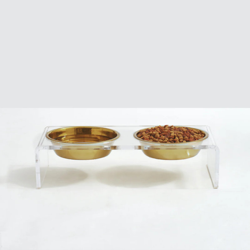 Small Clear Acrylic Double Pet Feeder with Gold Bowls