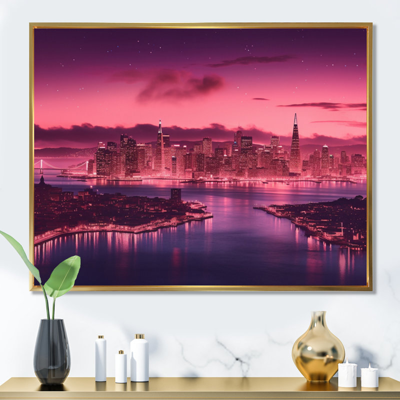 «San Francisco Skyline And Bay Bridge V», reproduction d'art sur toile, H 16 po x l 32 po, Cadre flottant doré