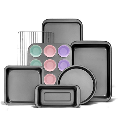 Compact Baking Pans Sets, Nonstick Bakeware Sets 19-Piece with Round/Square Cake Pan, Loaf Pan, Muffin Pan, Cookie Sheet, Roast Pan, Cooling Rack, Carbon Steel Bake Set