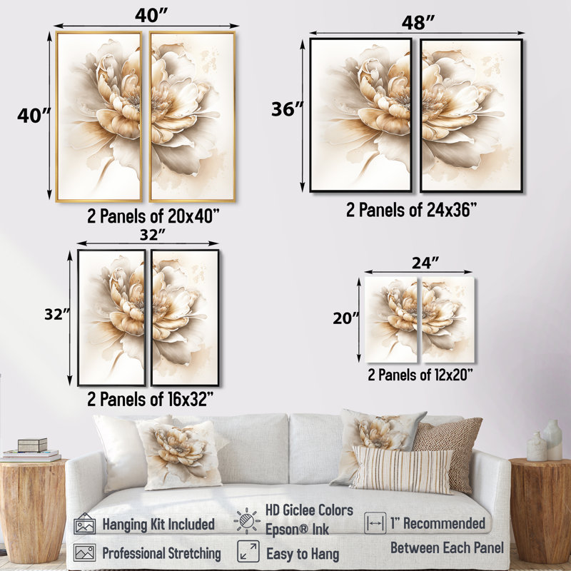 Indigold fleur beige V - art mural traditionnel beige 2 pièces, H 20 po x l 24 po, Impression encadrée flottante, Doré