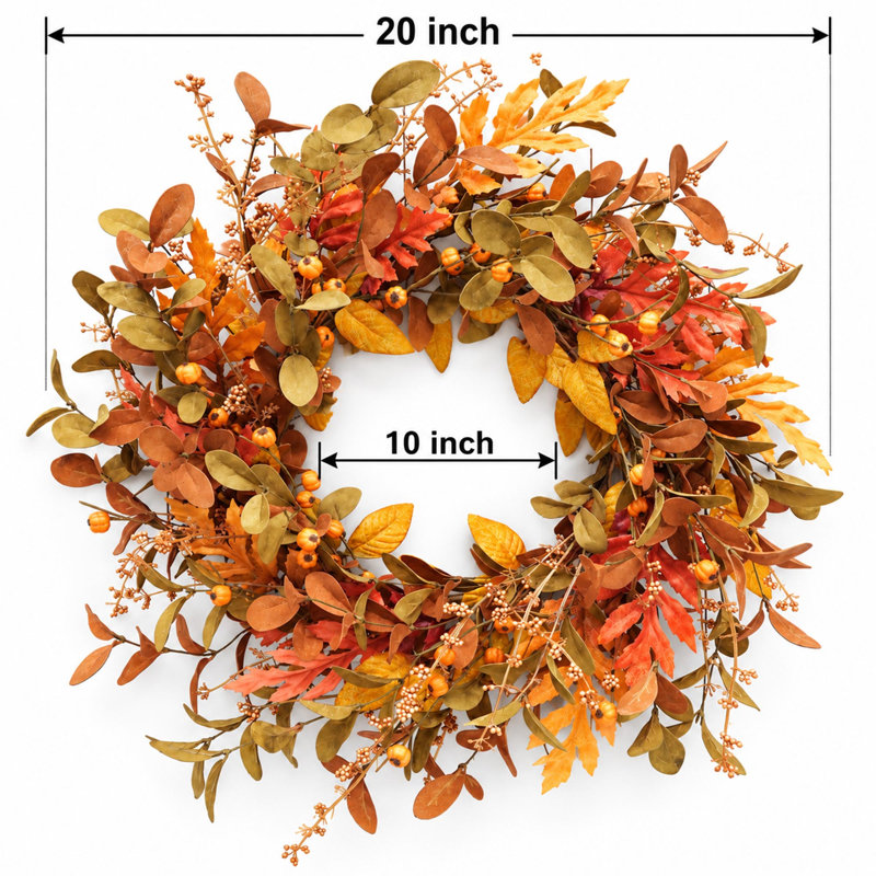 Artificial Fall Wreath with Pumpkin Berries and Oak Leaves for Front Door