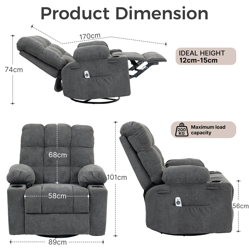 89 CM Oversized Tuffed Heated Massage Swivel Rocker Recliner with Cup Holders, Dark Gray