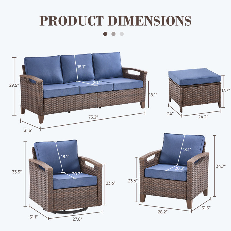 Ensemble de conversation d'extérieur en osier pour 7 personnes avec chaises pivotantes Arundel, Bleu