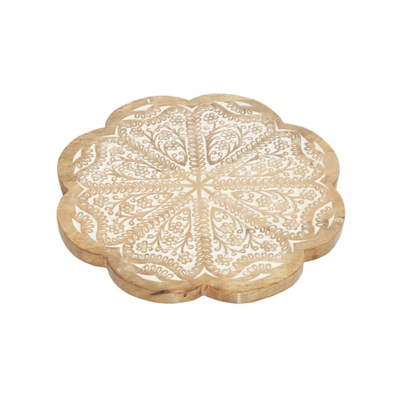 Brown Intricately Carved Wood Floral Decorative Cake Stand