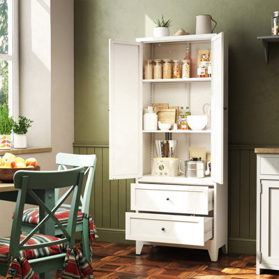 72" White Pantry Cabinet With 2 Drawers, Freestanding Kitchen Storage Cabinet With Adjustable Shelves, Heavy-Duty Organizer For Spices, Dishware, Smal by Latitude Run