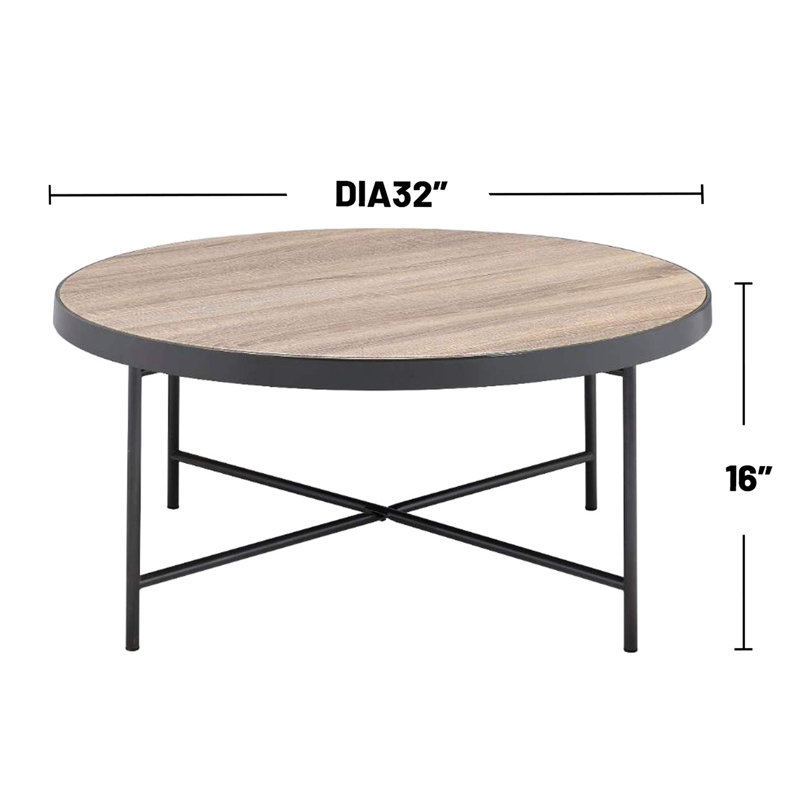 Table basse ronde avec structure en métal et plateau en chêne gris vieilli, à monter soi-même, style industriel, idéale comme table d'appoint dans le salon. Pieds avec traverse de soutien.