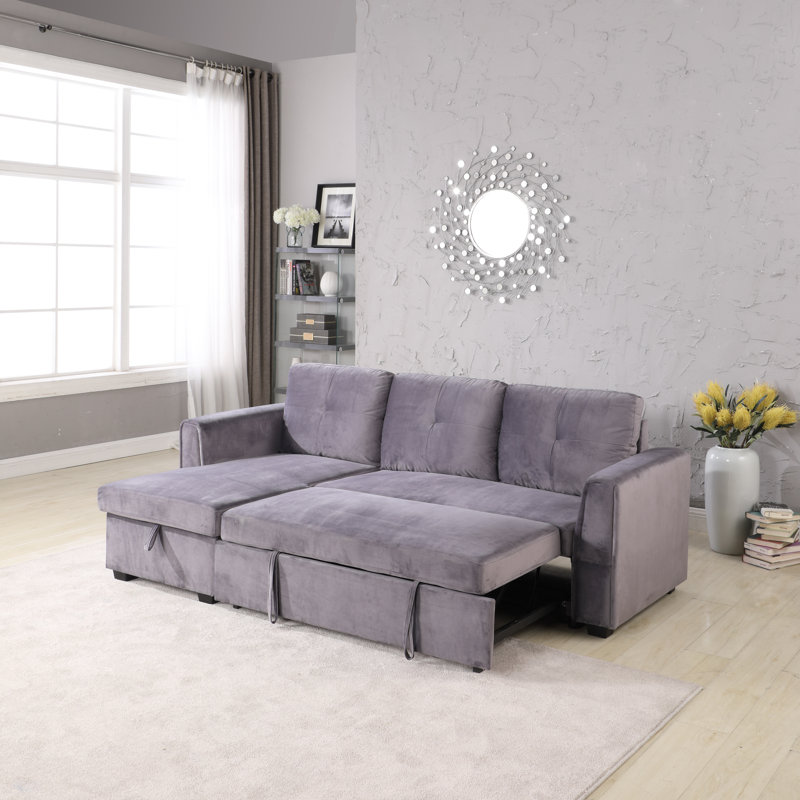 Pancoast 91" Wide Velvet Reversible Sleeper Sofa & Chaise, Gray Velvet