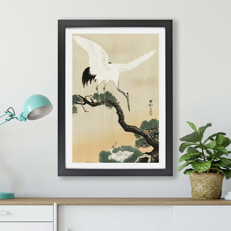 Japanese Crane Birds by Ohara Koson - Single Picture Frame Painting, 45cm H x 63cm W x 2cm D, Black