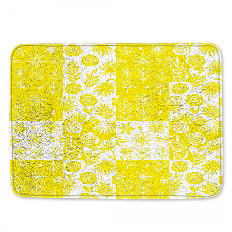 Tapis de bain jaune à motif floral, L 34 po x L 21 po