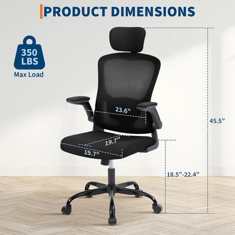 Chaise de bureau d'ordinateur de bureau, chaise en filet haut dossier avec appui-tête réglable et soutien lombaire, Noir