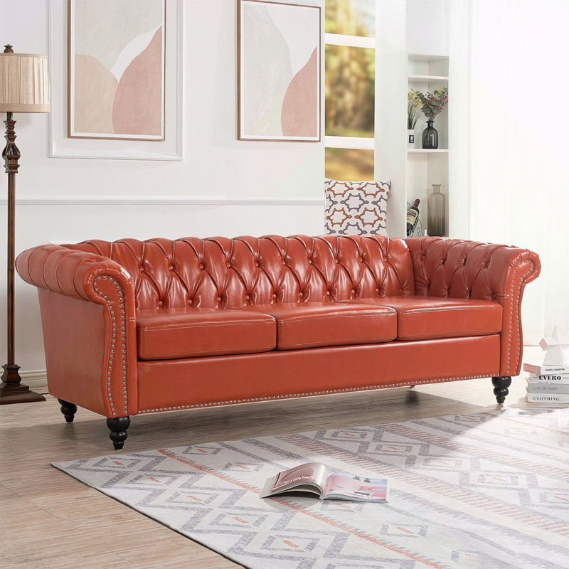 Canapé Chesterfield à accoudoirs roulés 3 places 84,65 po, Orange