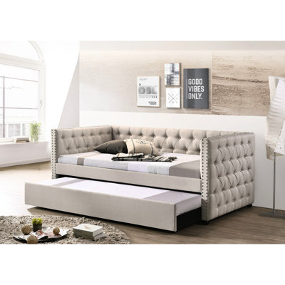 Lit de jour double avec lit gigogne, tissu beige et bois composite, conception capitonnée, 14 + 13 lattes, sans rangement, capacité de 330 lb, peuplier simple en bois d'hévéa de 34 po de hauteur, capacité