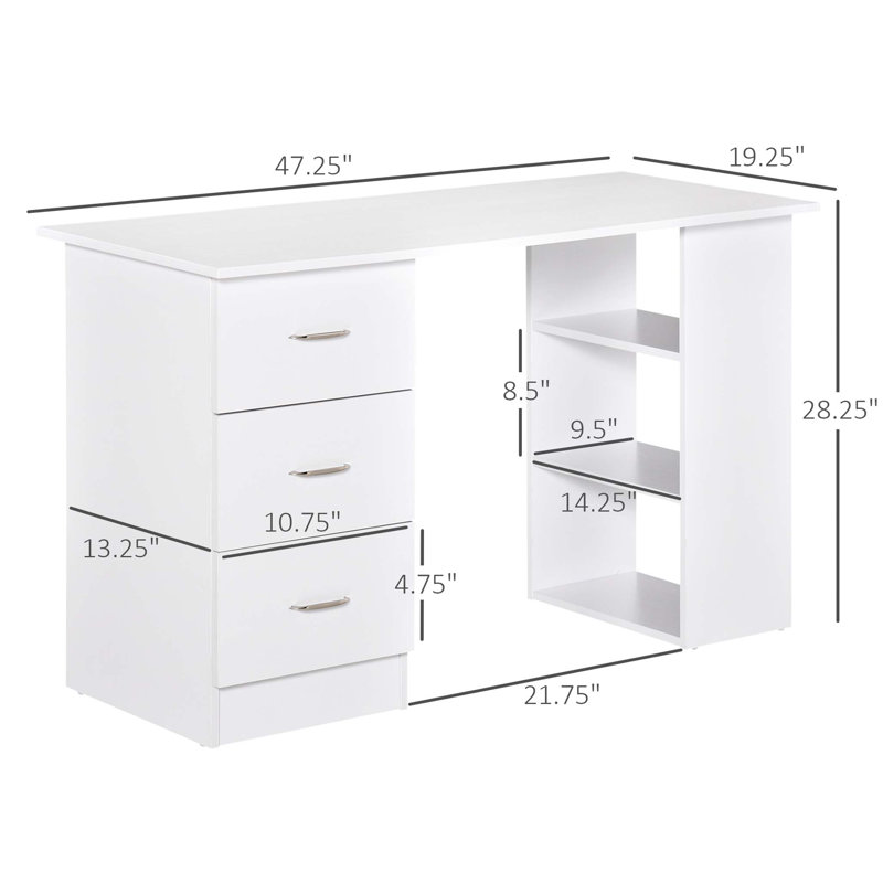 47" Modern Home Office Computer Desk Bookcase Combo Writing Table Workstation with 3 Drawer and Storage Shelf - White