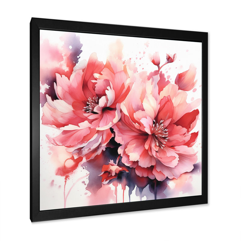Red Peony Visons sur impression sur toile, Cadre simple noir, H 16 po x l 16 po x P 1 po
