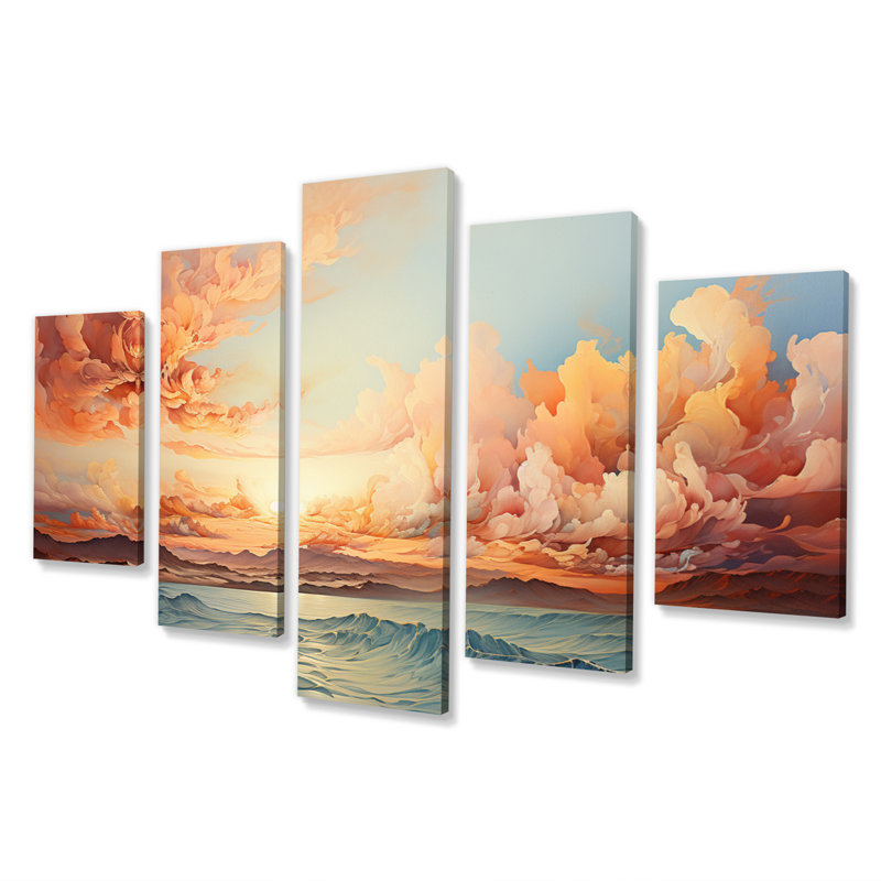 «Peach Ocean Sunrise I», art mural sur toile, 5 panneaux