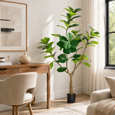 6ft Artificial Fiddle Leaf Fig Tree in Black Pot, Lifelike Faux Potted Plant for Home Office Decor