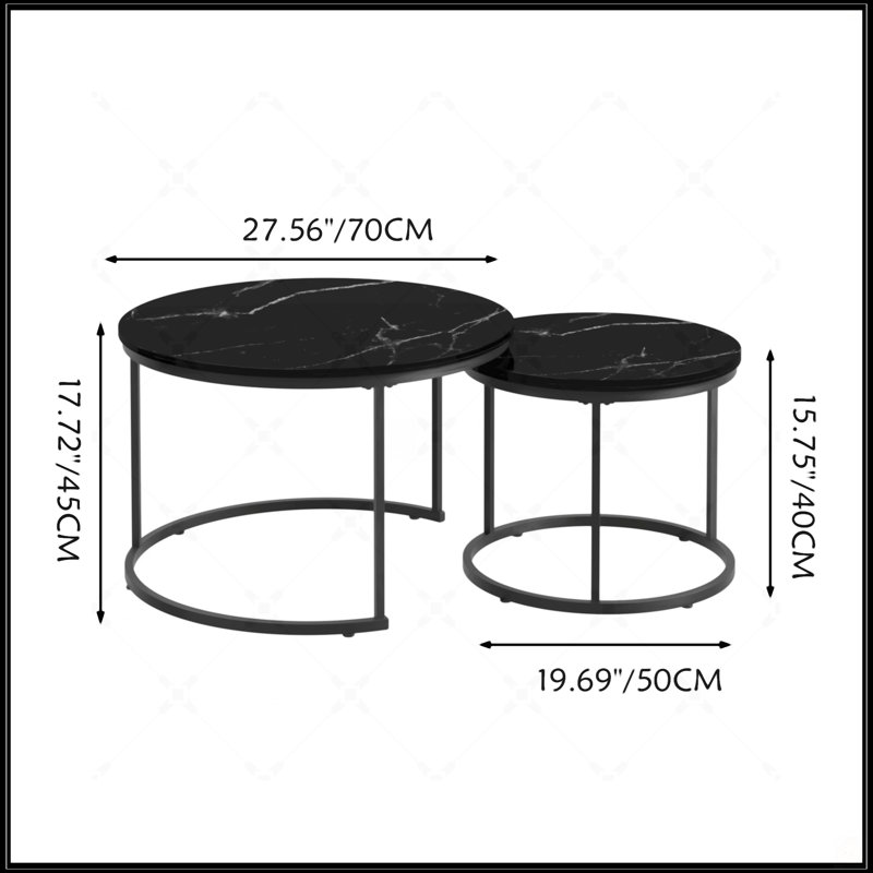 Ensemble de 2 tables basses gigognes, Noir, Marbre