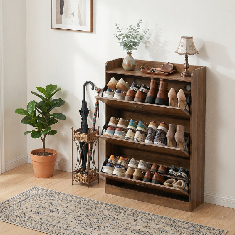 Farmhouse-Style Wooden Shoe Cabinet With 3 Flip-Top Drawers + 7 Customizable Storage Shelves. Features A Narrow, Independent, Wraparound Base. Also Includes A Brown Entryway/Hallway Storage Rack.