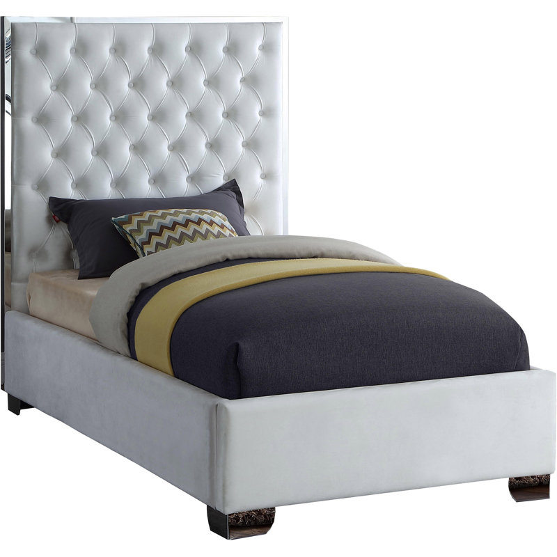 Spadaro Upholstered Platform Bed, White Velvet, Silver, Twin
