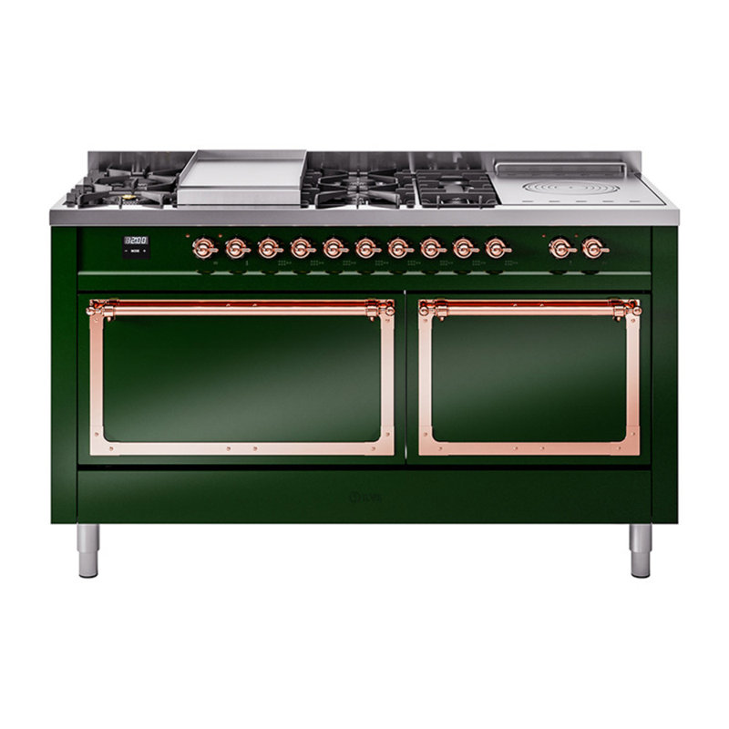 Cuisinière à double combustible ILVE Nostalgie II Series 60 po avec 7 brûleurs scellés, plaque de cuisson et table française (propane liquide, porte pleine)