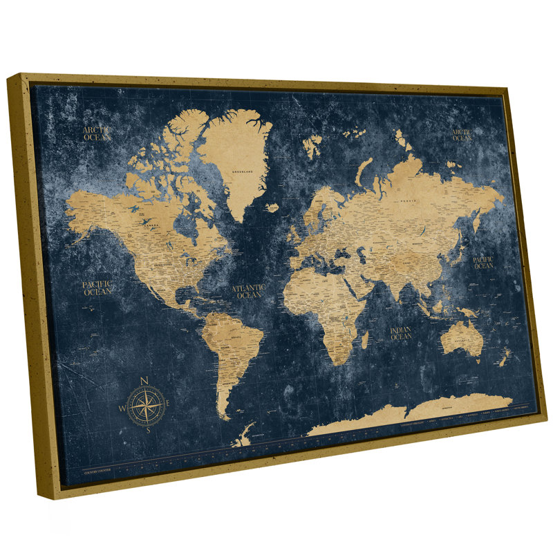 Carte de voyage du monde à punaises bleu marine - encadrée, Or antique, H 31,5 po x l 49,5 po, Oui