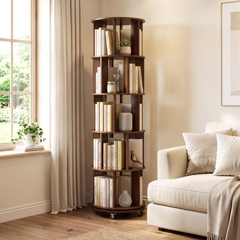 Étagère pivotante à 5 niveaux en bois d'hévéa massif avec roulettes verrouillables, tablette de rangement verticale étroite pour salon, chambre ou bureau