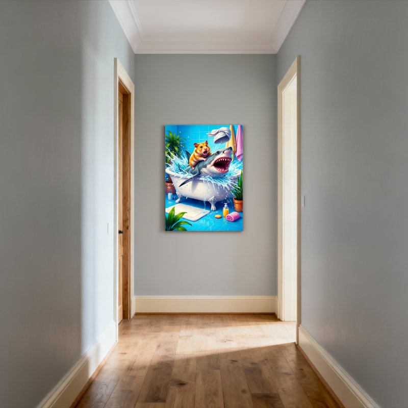 Hamster chevauchant un requin dans une baignoire - Tableau sur toile (lot de 1), H 48 po x l 32 po