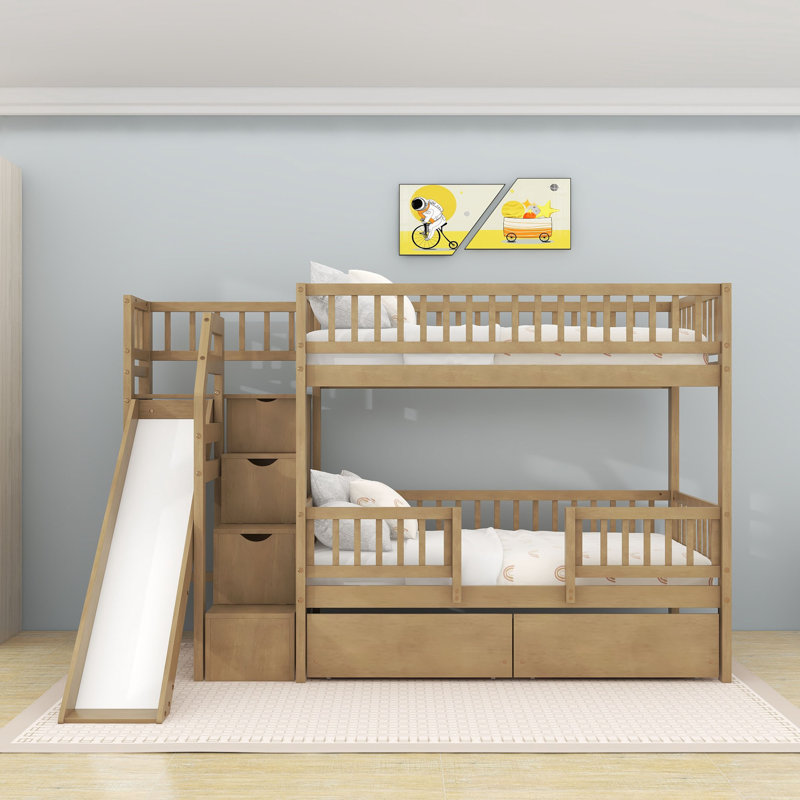 Twin Over Twin Bunk Bed With Slide And Storage Staircase, Walnut