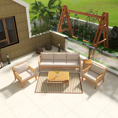 Ensemble de meubles de patio 5 pièces en bois d'acacia, ensemble de conversation en corde tissée avec canapé 3 places, 2 chaises et 2 tables basses, finition en teck avec coussins beiges pour le jardin, la cour et la piscine