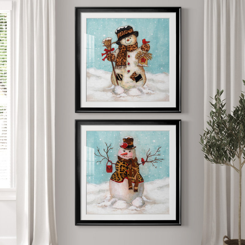 " Snowman " 2 - Pieces, Black Framed Paper, White, 30.5" H x 30.5" W x 1" D