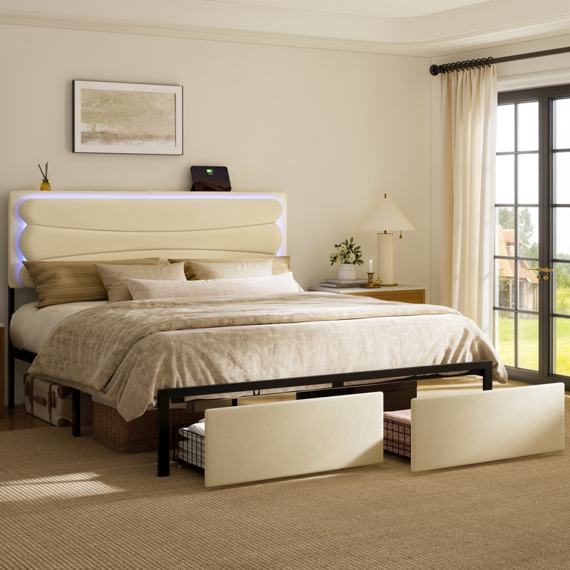 Grand lit tapissier avec 2 tiroirs de rangement, lit de rangement en velours avec lumière DEL et station de charge, Grand