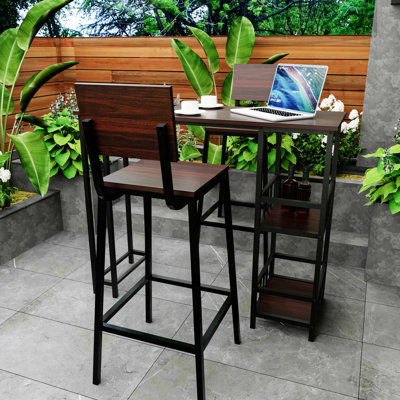 3 Piece Counter Height Bar Table Set with 2 Backless Bar Stools, Rectangular Pub High Table with 3-Tier Side Storage Shelves, Industrial Wood Grain Bar Furniture for Balcony Kitchen Small Home Bar